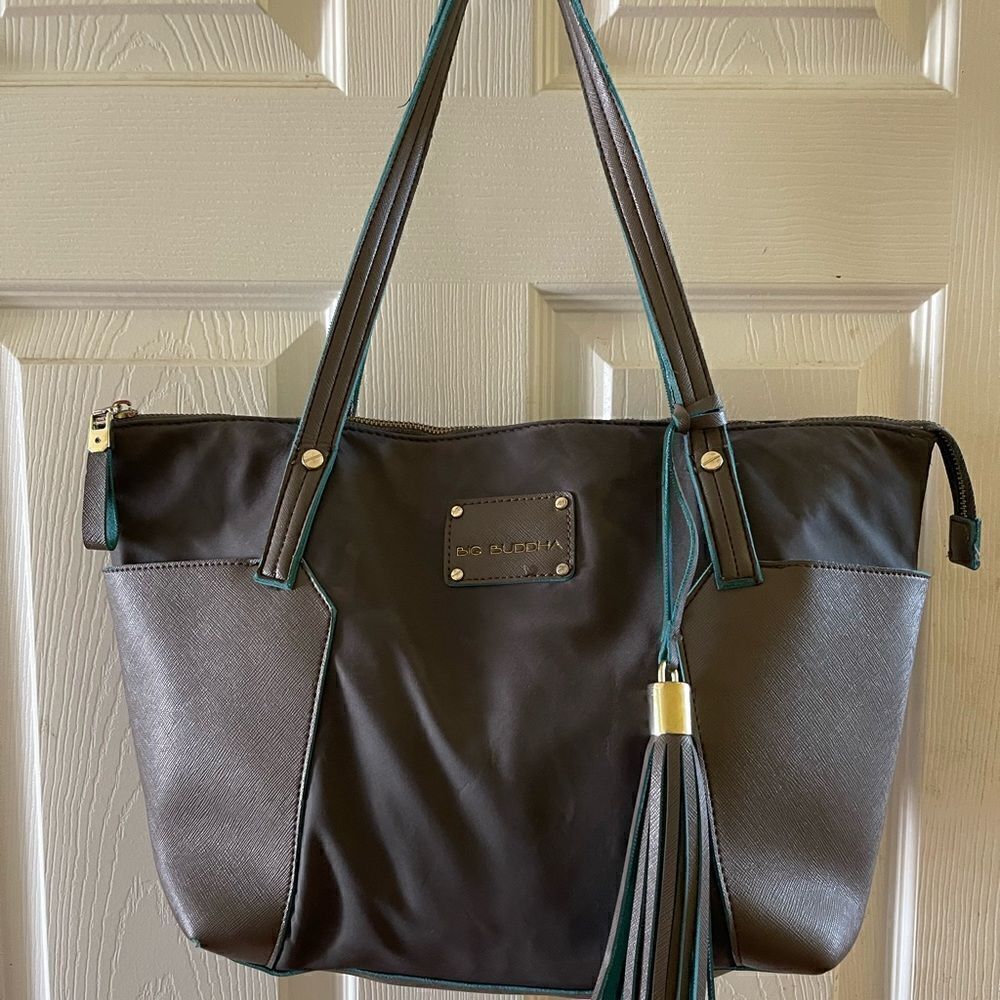 Big Buddha gray,taupe &coral blue Nylon &faux leather shoulder bag tassel accent